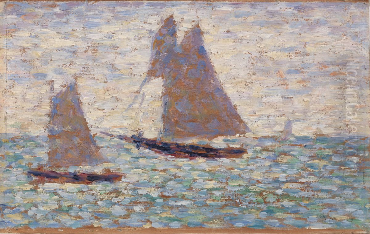 Two Sailboats at Grandcamp (Deux voiliers a Grandcamp) Oil Painting by Georges Seurat