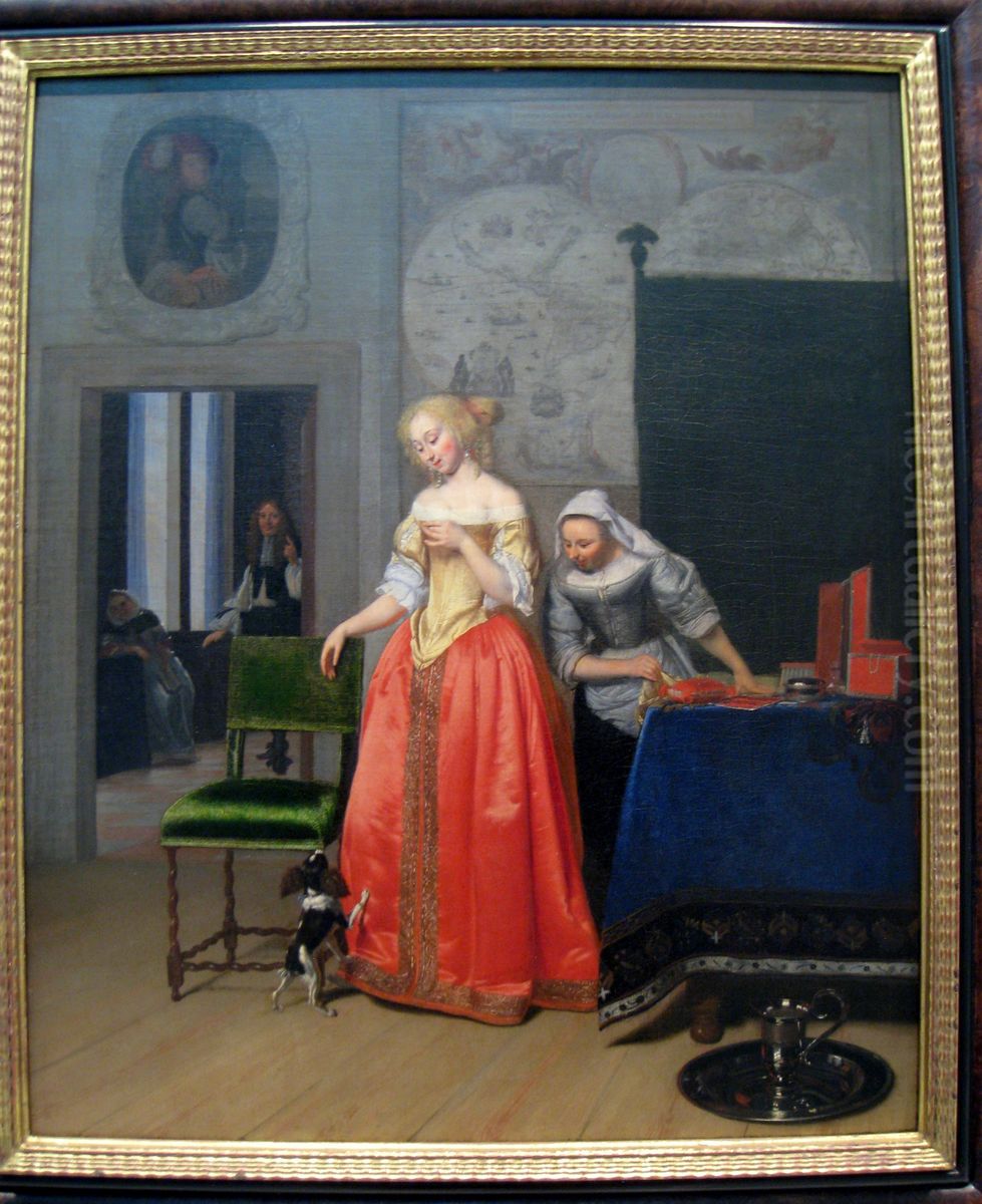 Young woman with a maid and a lap dog in an interior Oil Painting by Jacob Ochtervelt