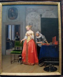 Young woman with a maid and a lap dog in an interior