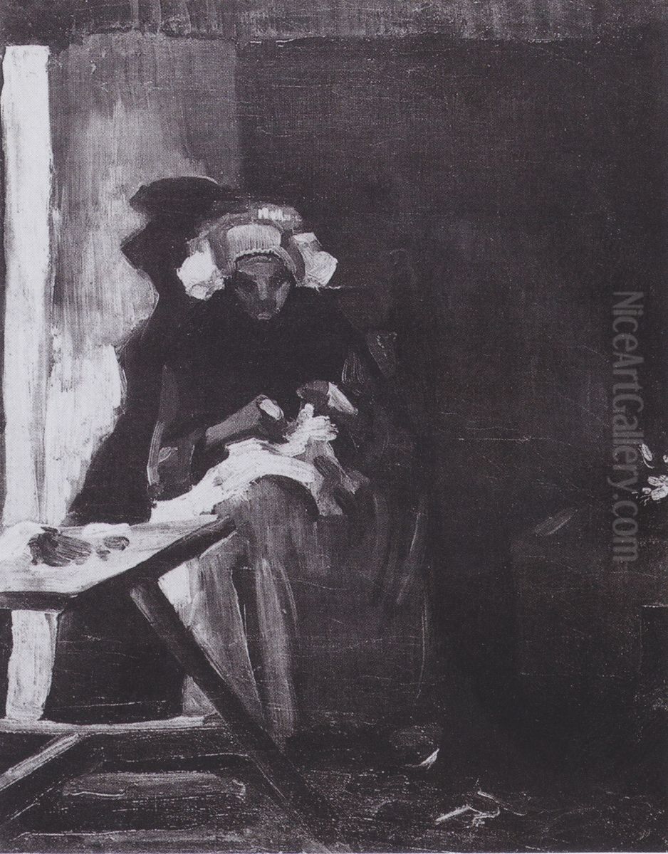 Peasant woman , sewing Oil Painting by Vincent Van Gogh