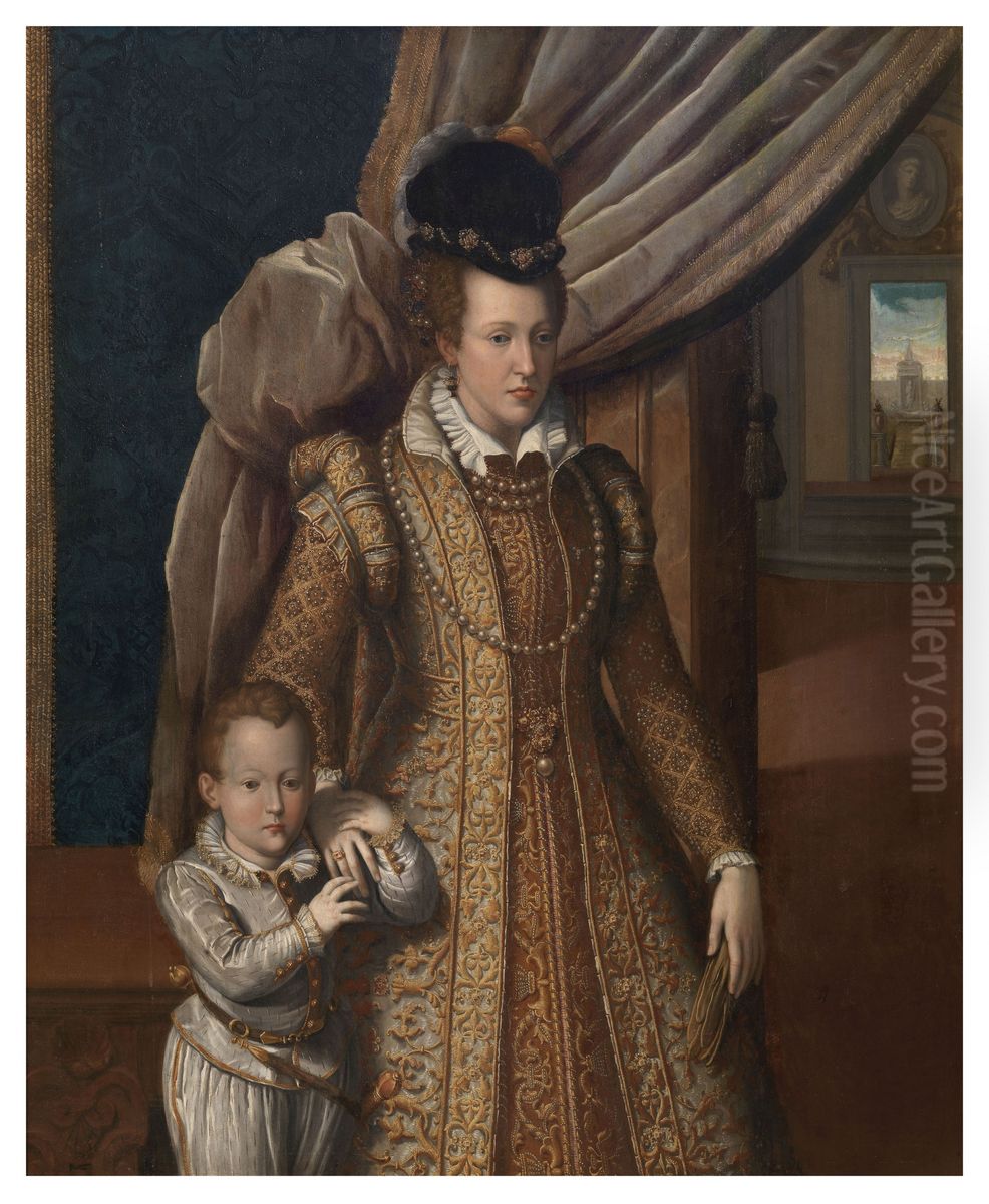 Portrait of Joanna of Austria with her son Philip Oil Painting by Giovanni Bizzelli