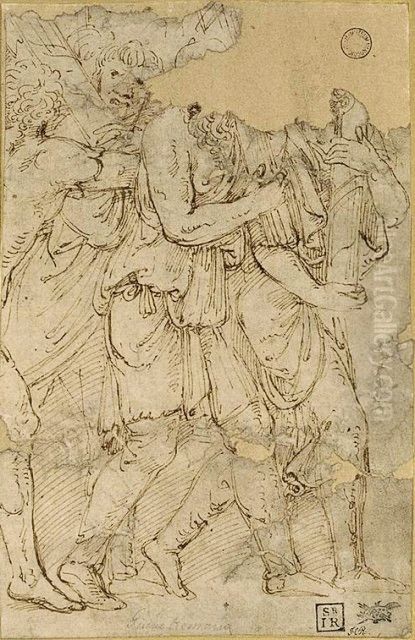 Group of three lictors. Oil Painting by Giulio Romano (Orbetto)