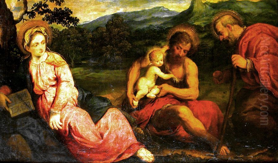 Holy Family in a Landscape with John the Baptist Oil Painting by Paris Bordone