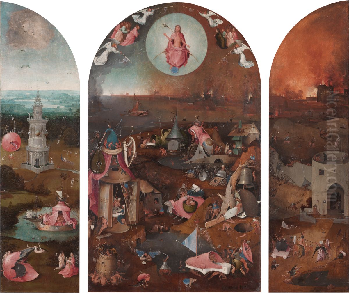 Celestial paradise (recto left), The last judgement (middle), Hell (recto right); The crowning with thorns (verso, in grisaille) Oil Painting by Hieronymus Boschand workshop