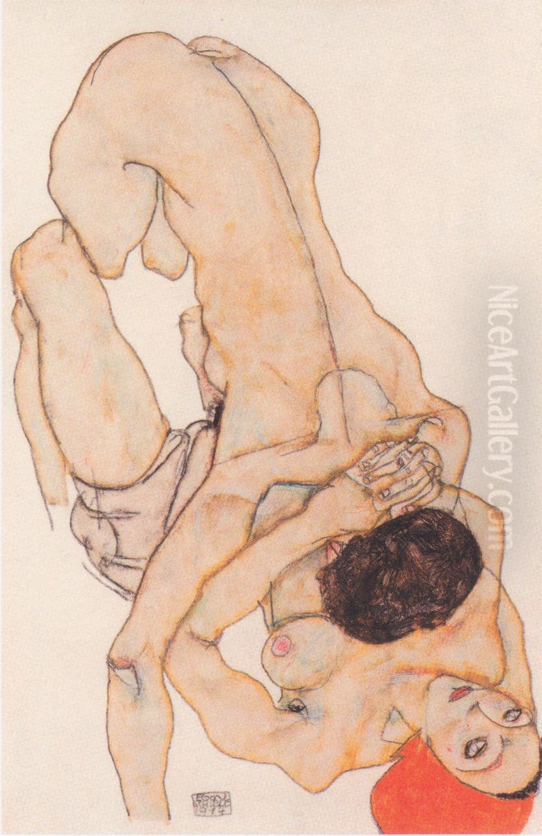 Lesbian lovers Oil Painting by Egon Schiele