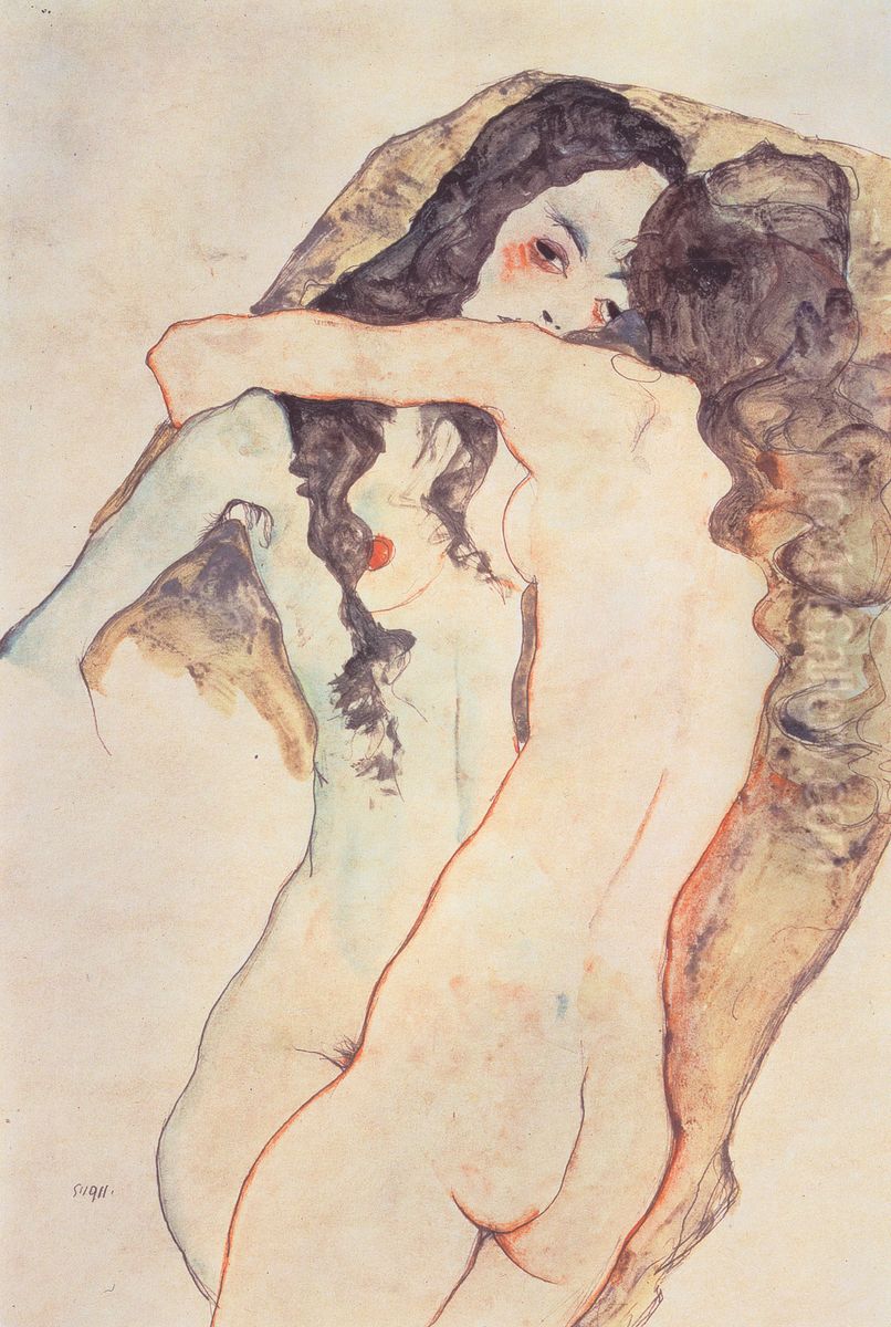 Zwei sich umarmende Frauen Oil Painting by Egon Schiele