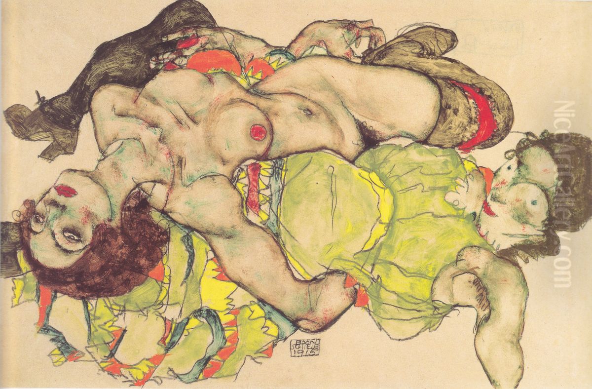 Weibliches Liebespaar Oil Painting by Egon Schiele