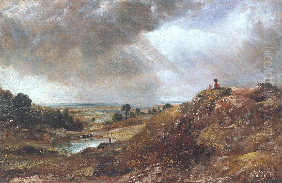 Branch Hill Pond, Hampstead Heath, with a Boy Sitting on a Bank Oil Painting by John Constable