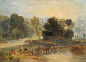 Men with Horses Crossing a River