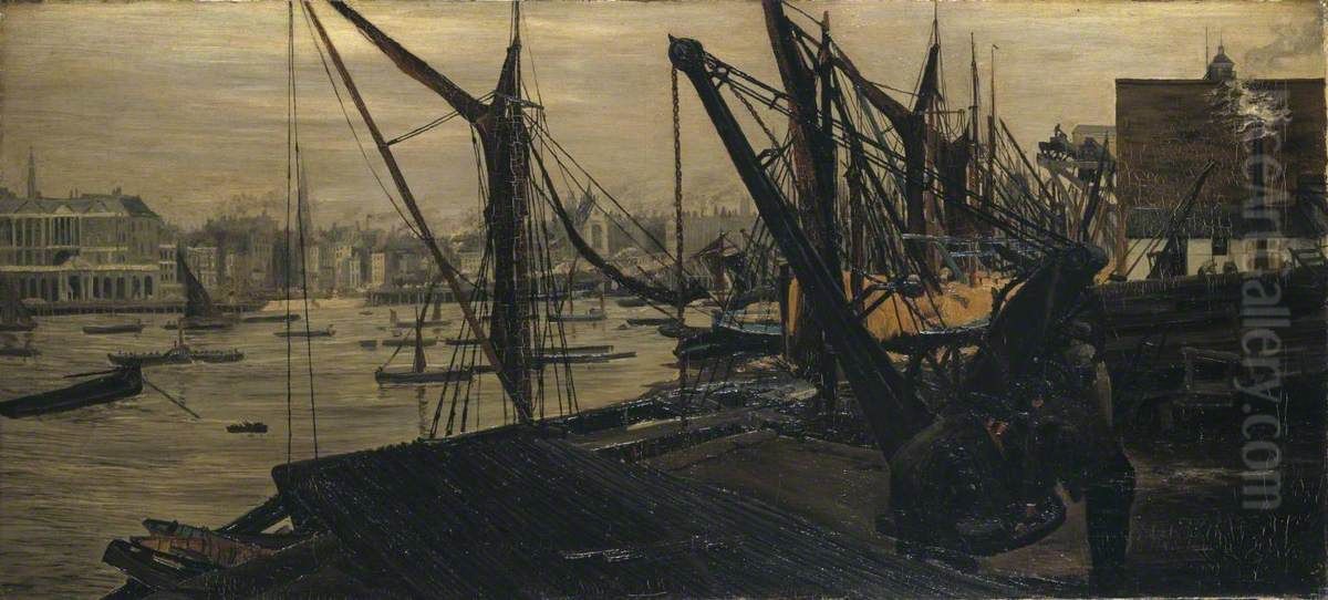 The Thames from a Wharf at Waterloo Bridge Oil Painting by Edwin Edwards