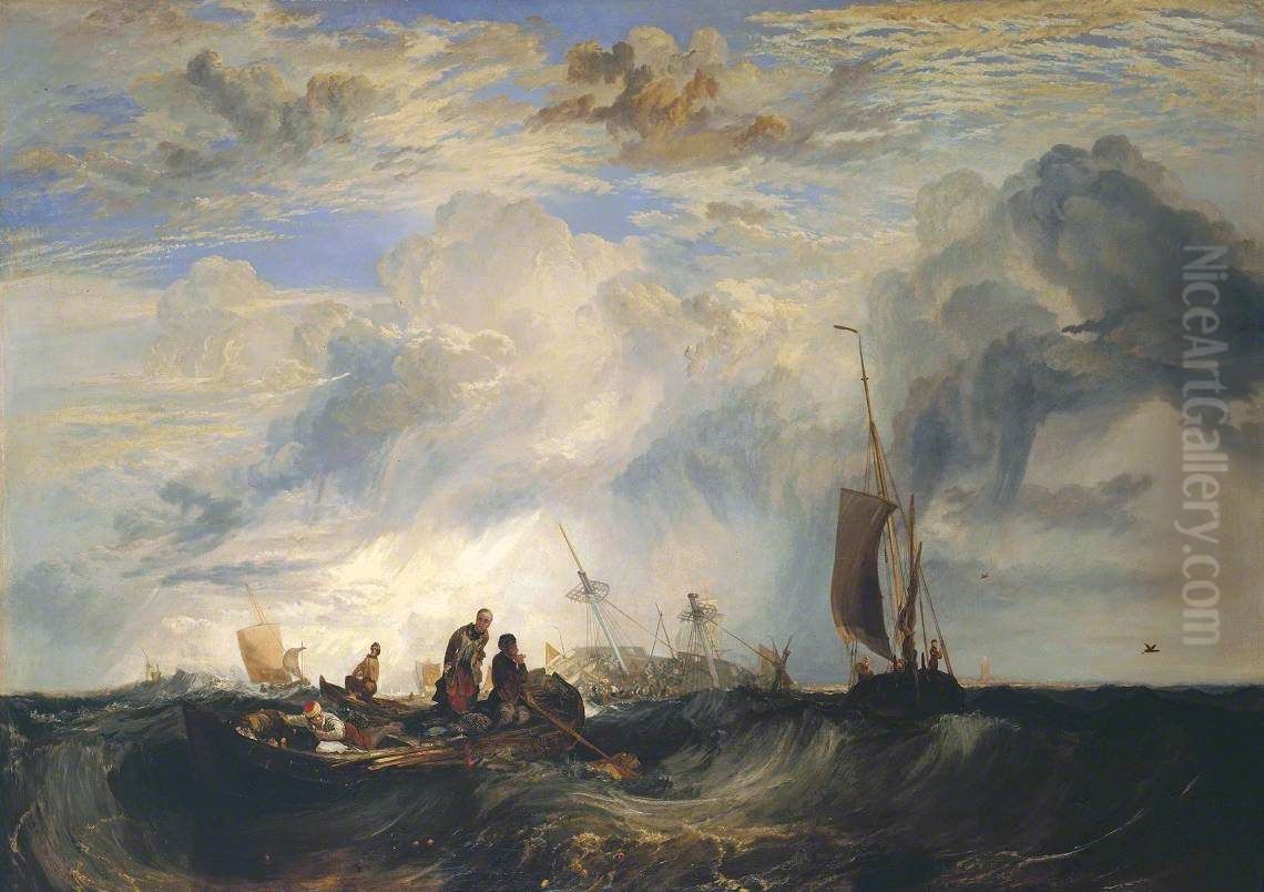 Orange-Merchant on the Bar, Going to Pieces; Brill Church bearing S. E. by S., Masensluys E. by S. Oil Painting by J. M. W. Turner