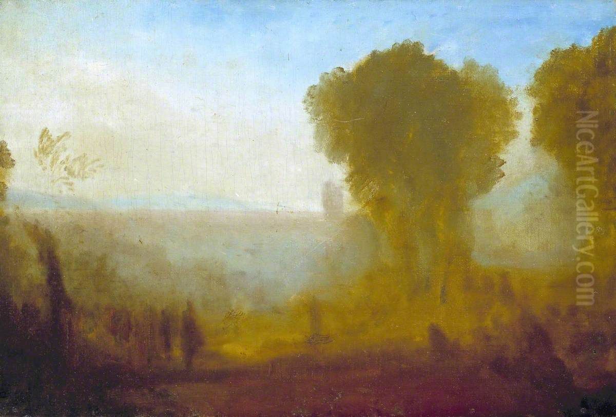 Landscape with Tower, Trees and Figures; possibly Arcueil near Paris Oil Painting by J. M. W. Turner