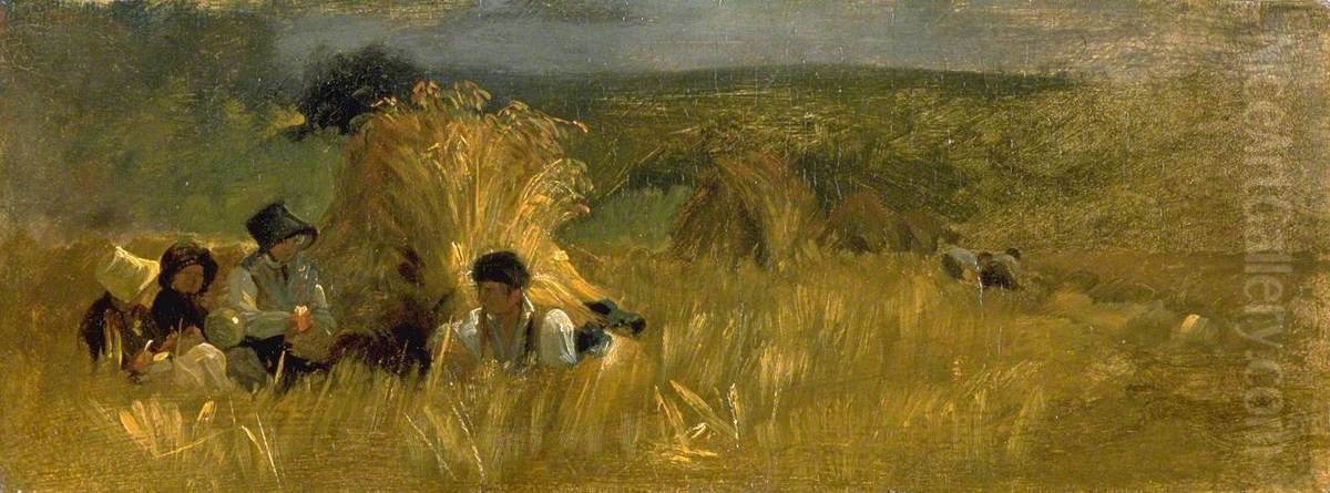 Children at Lunch by a Corn Stook Oil Painting by Peter de Wint