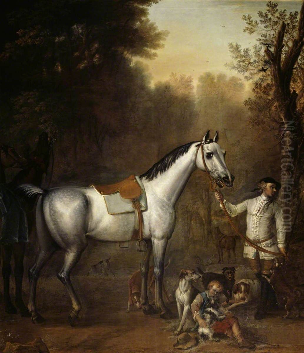 A Groom holding a Saddled Grey Hunter with Hounds and Terriers Oil Painting by John Wootton