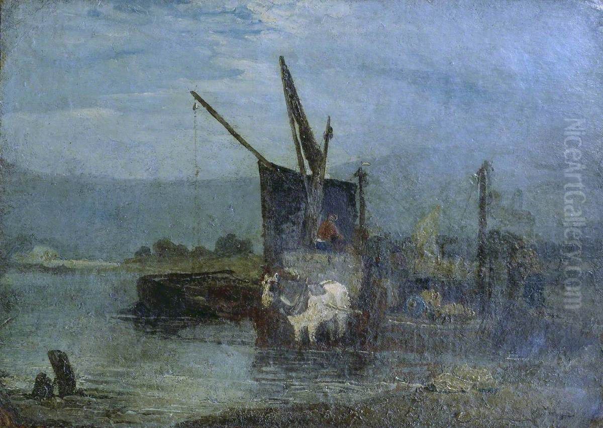 Leading a Barge Oil Painting by John Linnell
