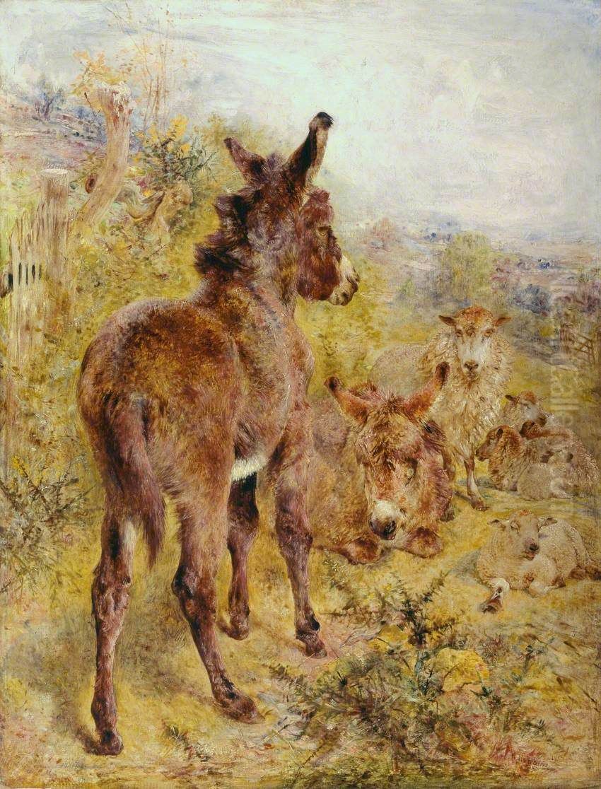 Donkeys and Sheep in a Landscape Oil Painting by William Huggins