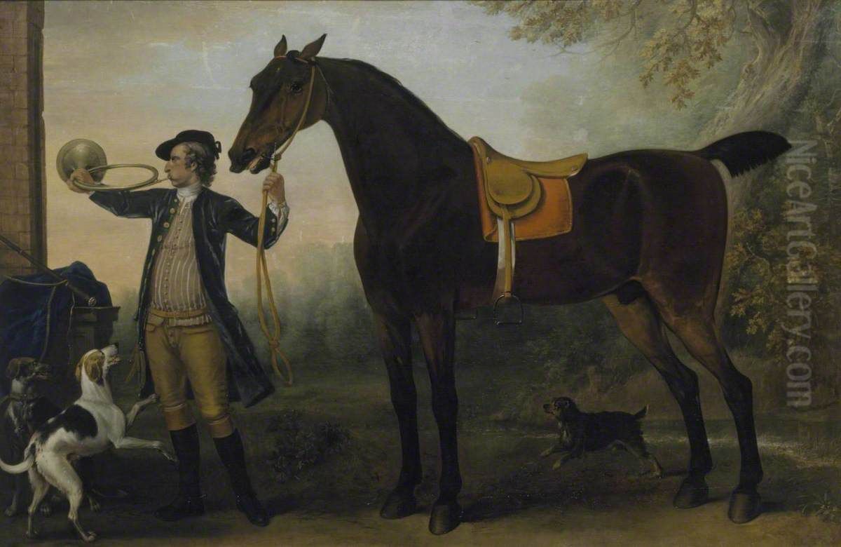 Life-Size Horse with Huntsman Blowing a Horn Oil Painting by John Wootton