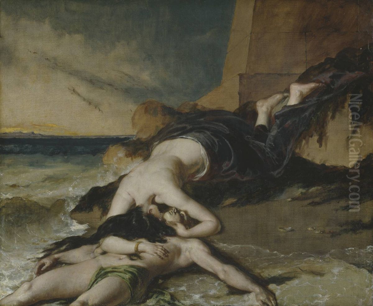 Hero, Having Thrown herself from the Tower at the Sight of Leander Drowned, Dies on his Body Oil Painting by William Etty