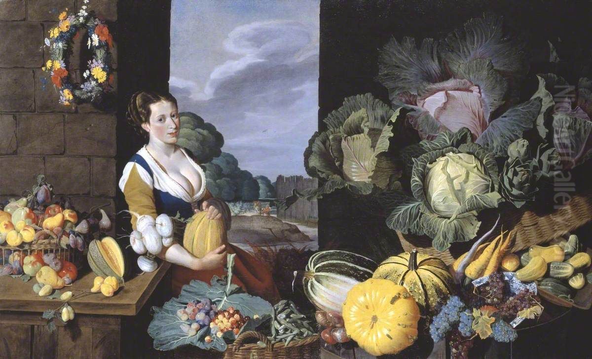 Cookmaid with Still Life of Vegetables and Fruit Oil Painting by Nathaniel Bacon