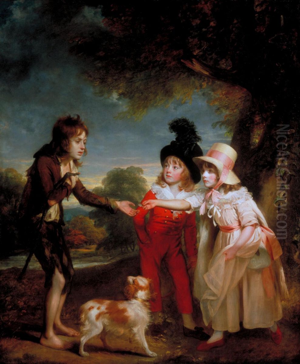 Portrait of Sir Francis Ford's Children Giving a Coin to a Beggar Boy Oil Painting by William Beechey