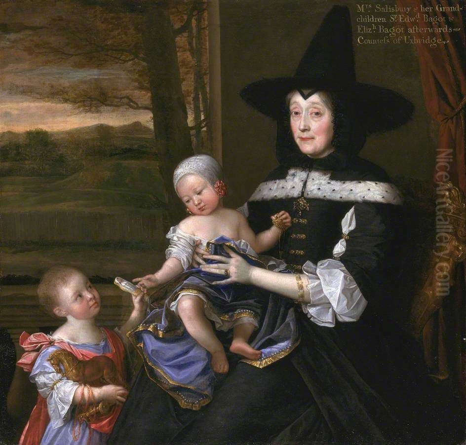 Portrait of Mrs Salesbury with her Grandchildren Edward and Elizabeth Bagot Oil Painting by John Michael Wright