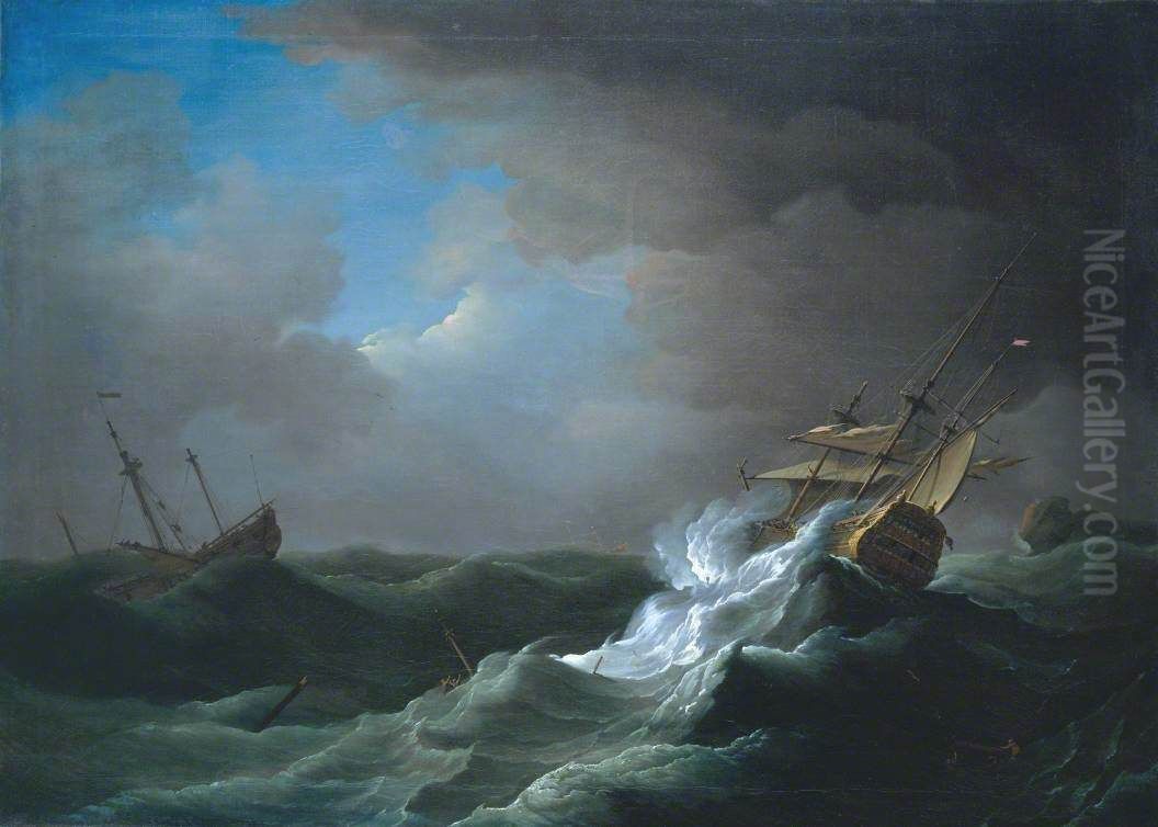 Ships in Distress in a Storm Oil Painting by Peter Monamy