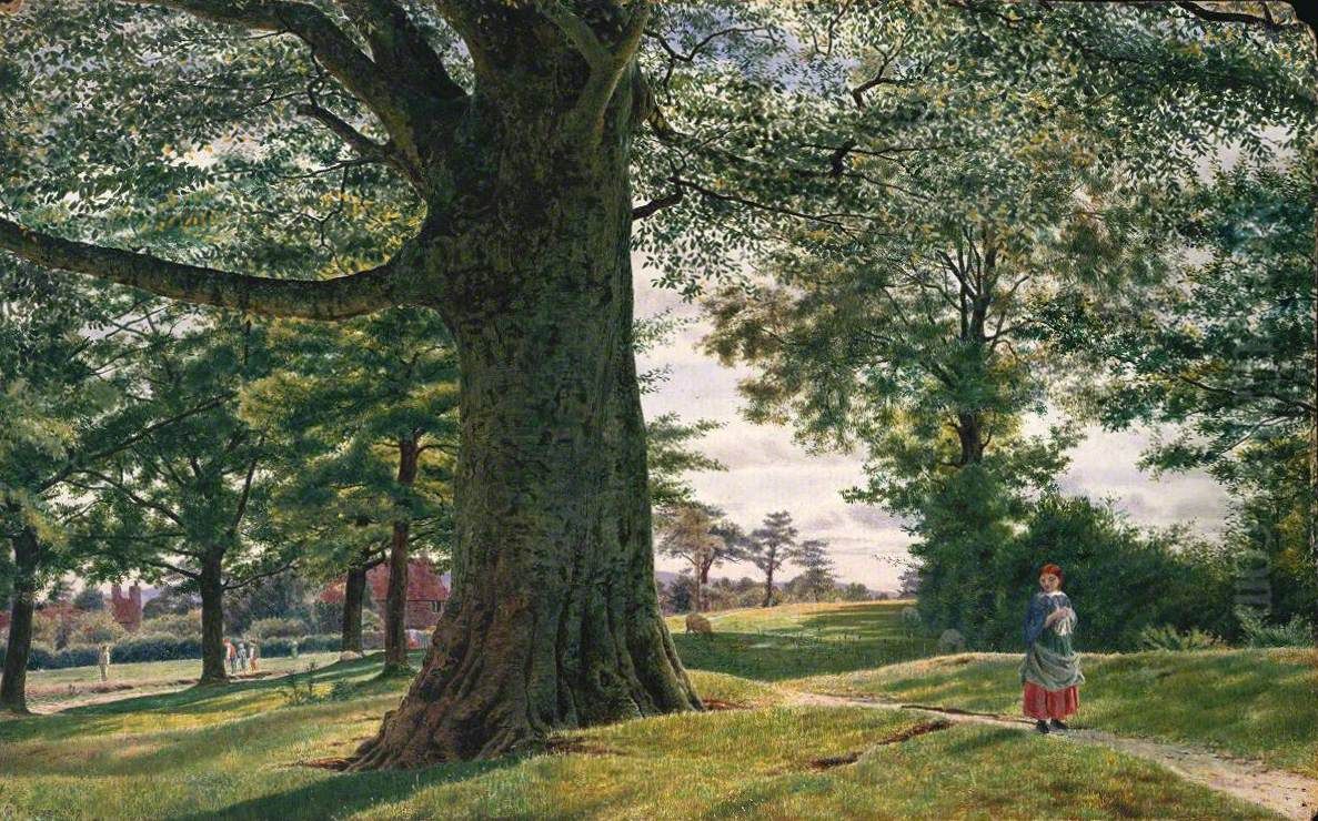 A Girl by a Beech Tree in a Landscape Oil Painting by George Price Boyce