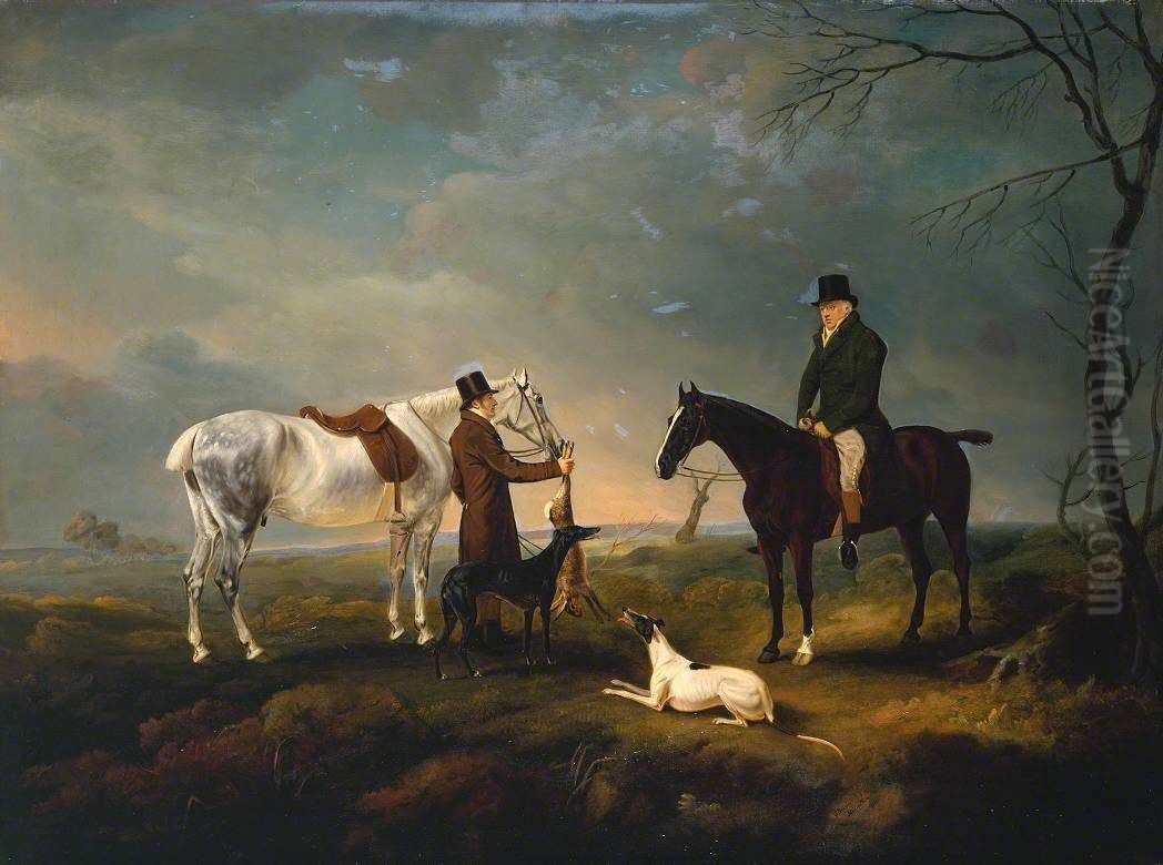 Sir Robert Leighton after Coursing, with a Groom and a Couple of Greyhounds Oil Painting by John Ferneley