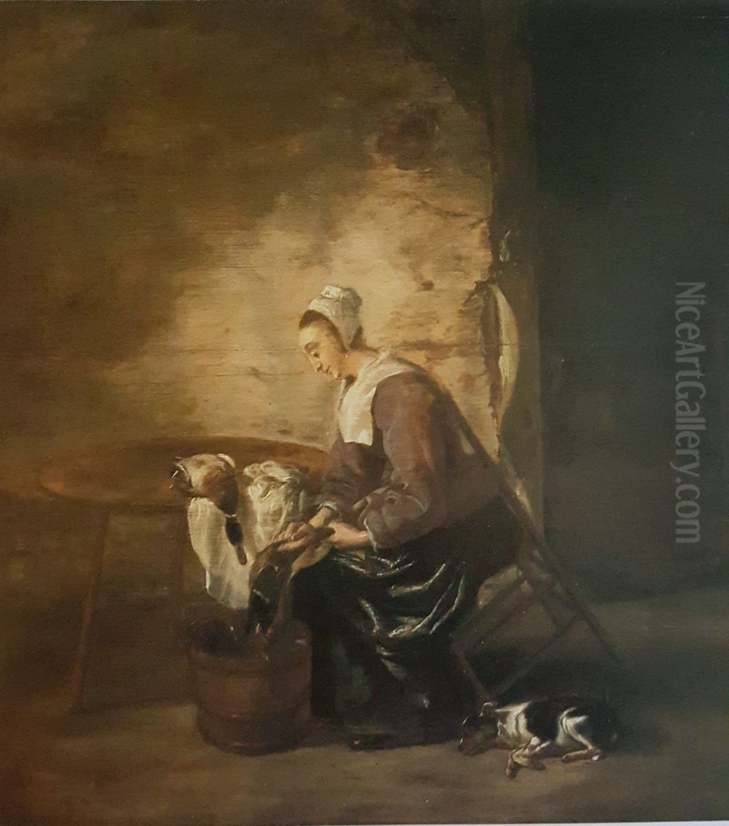 Woman plucking duck Oil Painting by Adriaen Cornelisz Beeldemaker