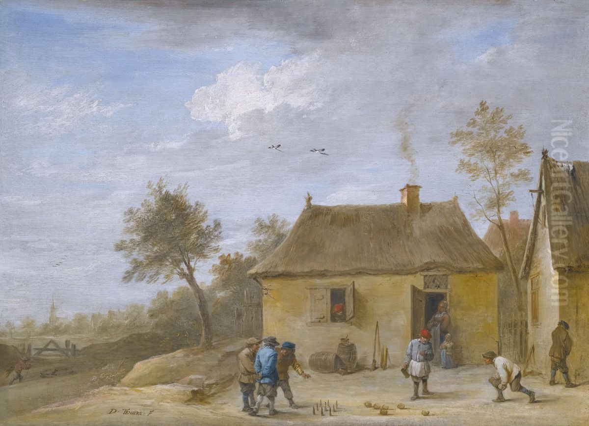 Landscape with Skittles Players Oil Painting by David Teniers the Younger