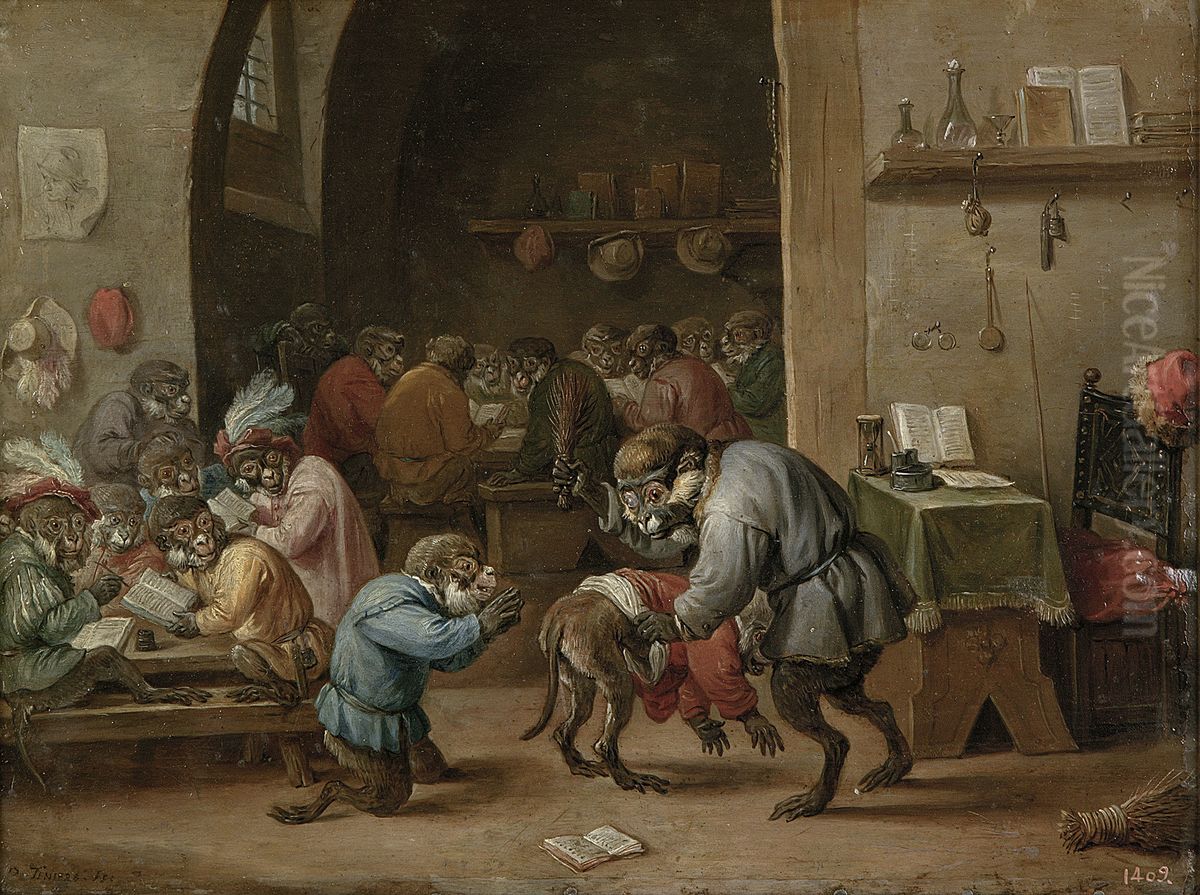 Monkeys in the school Oil Painting by David Teniers the Younger