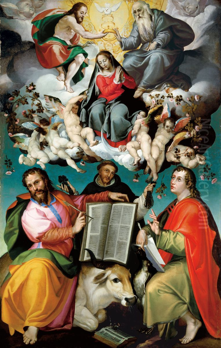 The Coronation of the Virgin with Saints Luke, Dominic, and John the Evangelist Oil Painting by Bartolomeo Passarotti