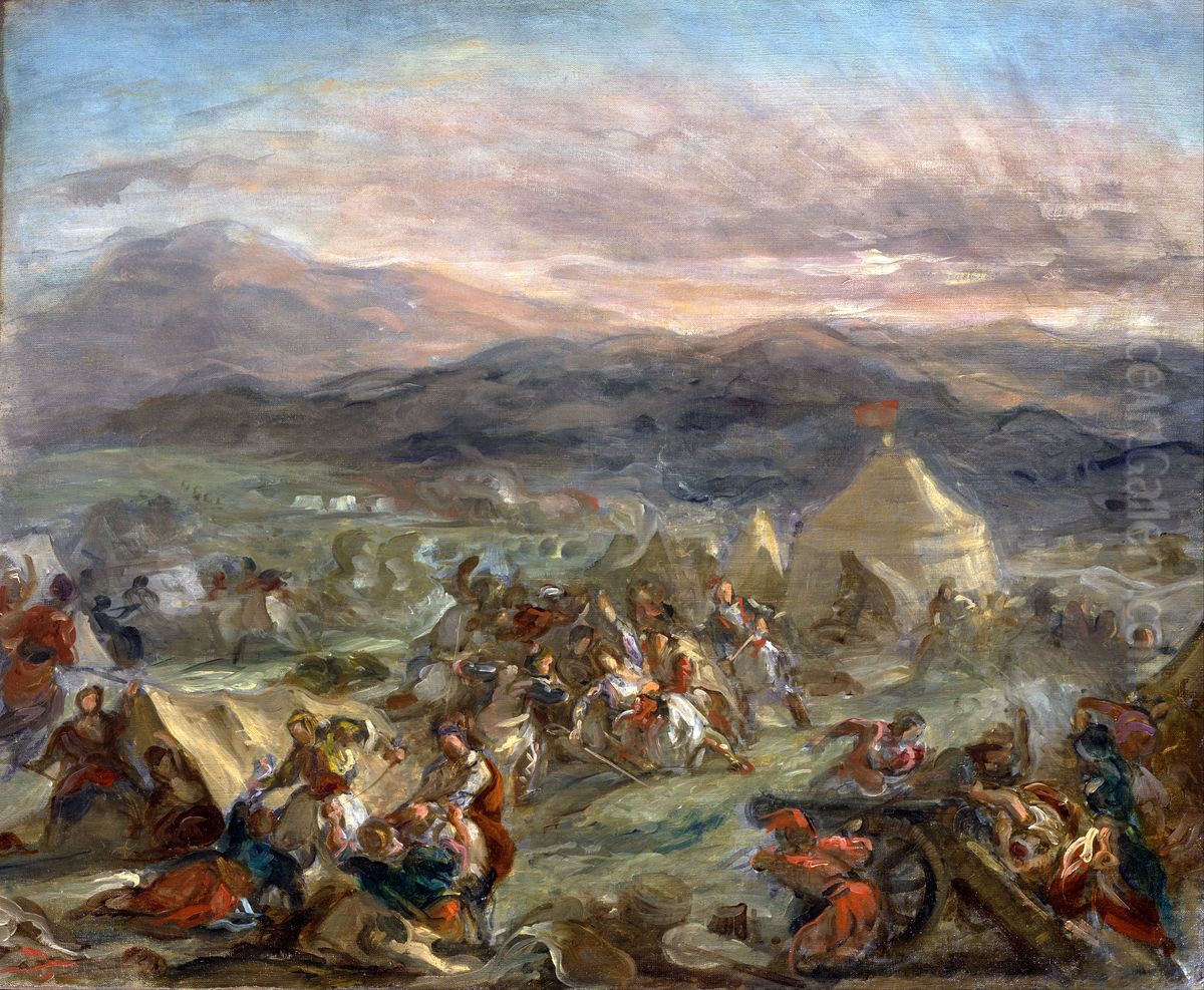 Botzaris Surprises the Turkish Camp and Falls Fatally Wounded Oil Painting by Eugene Delacroix