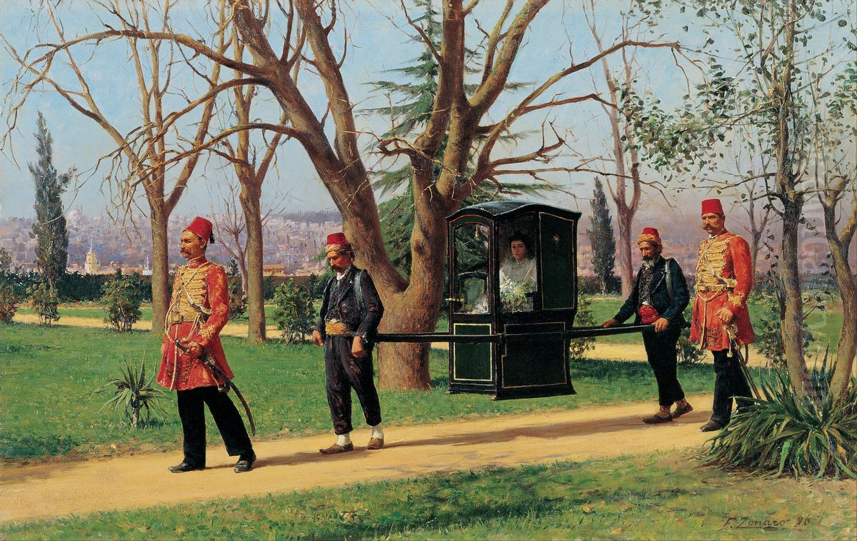 The Daughter of the English Ambassador Riding in a Palanquin Oil Painting by Fausto Zonaro