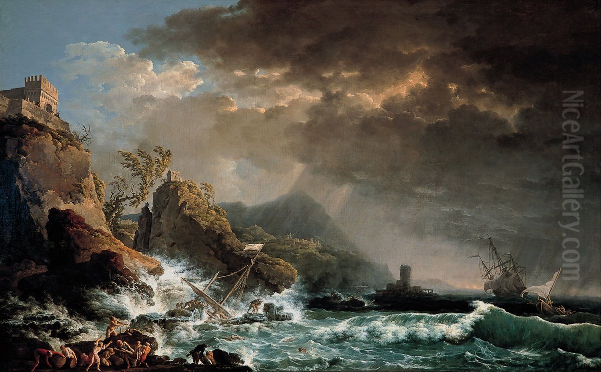 Shipwreck in a Rocky Inlet Oil Painting by Carlo Bonavia