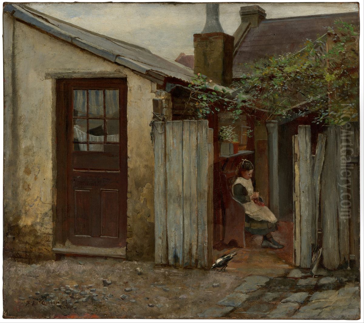 Girl with bird at the King Street bakery Oil Painting by Frederick McCubbin