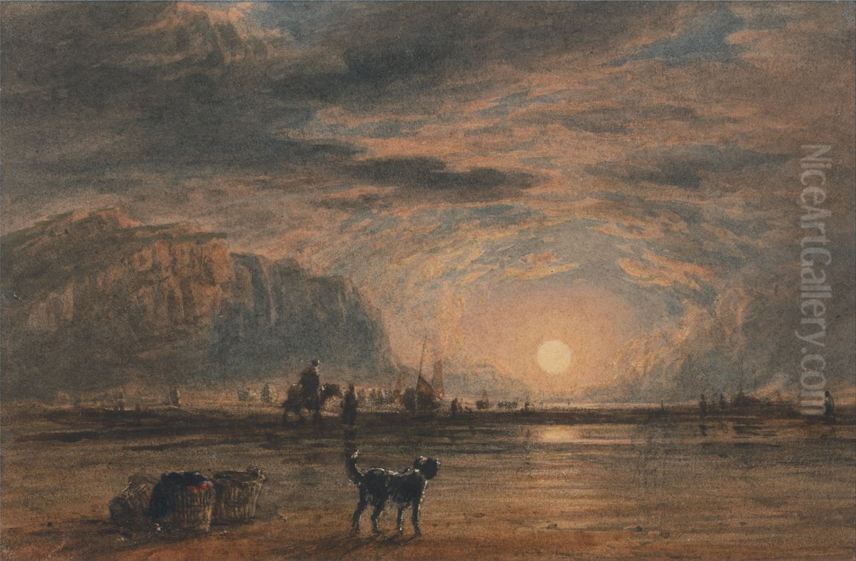 Beach Scene - Sunrise Oil Painting by David Cox