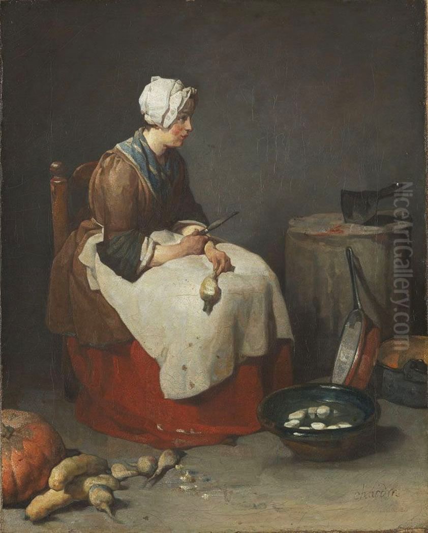 Woman peeling turnips Oil Painting by Jean-Baptiste-Simeon Chardin