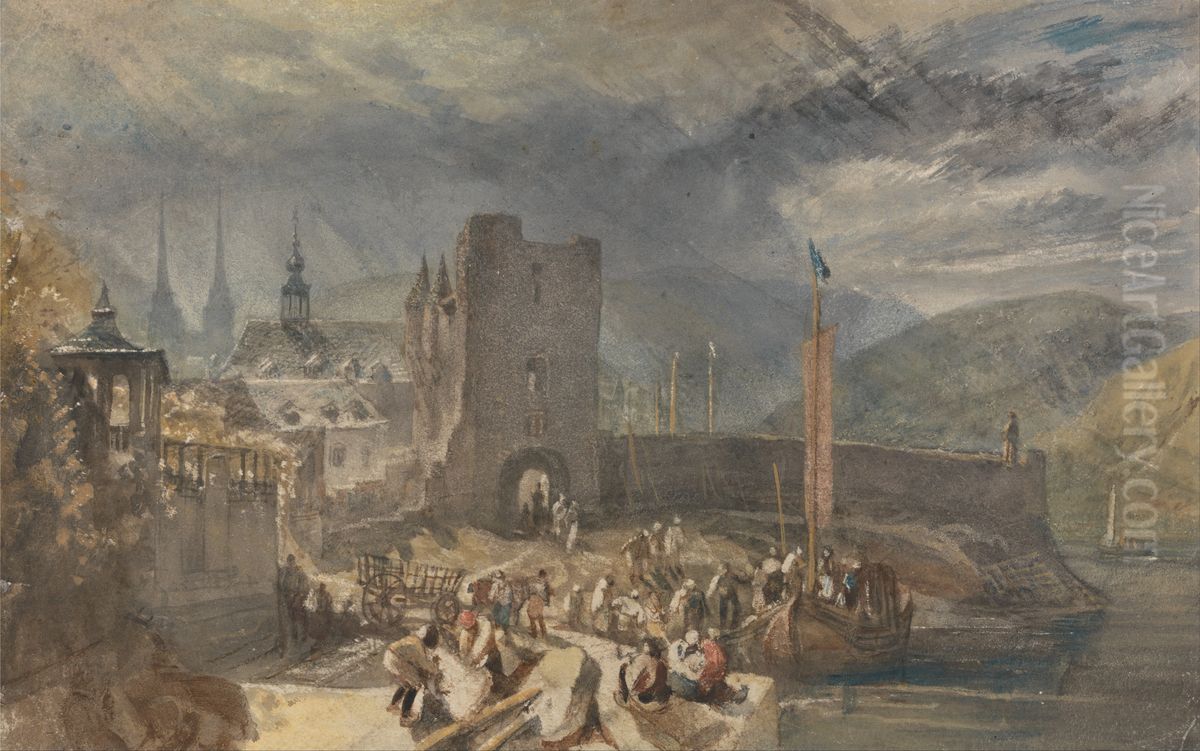 A View of Boppart, with Figures on the River Bank Oil Painting by J. M. W. Turner