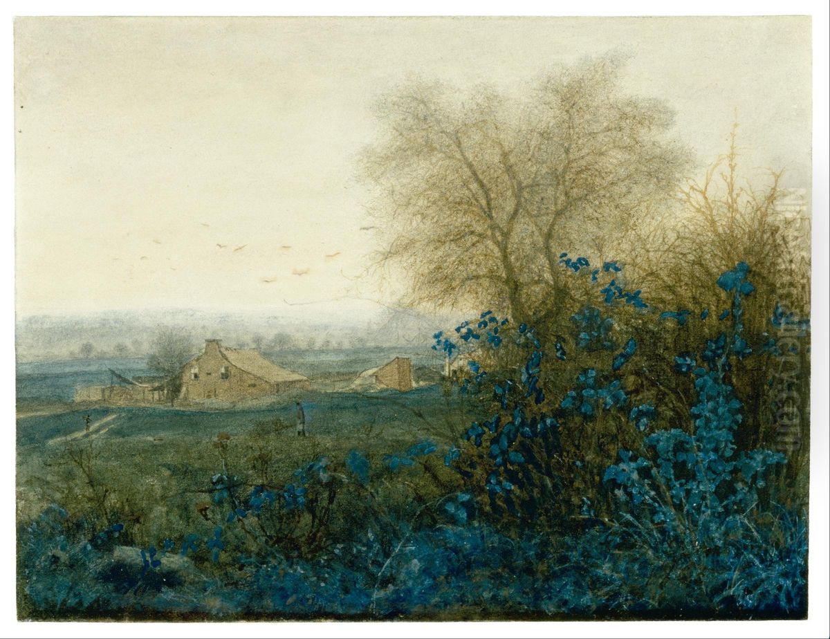 Landscape with a Farmhouse and a Peasant Wheeling a Barrow Oil Painting by Leon Bonvin