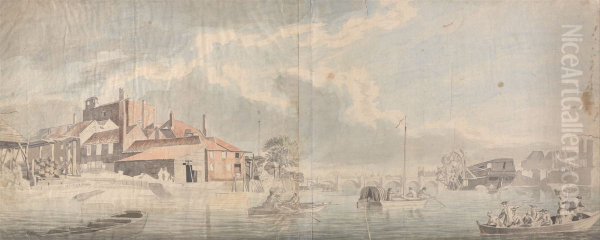 A Thames Wharf with Westminster Bridge in the Distance Oil Painting by Samuel Scott