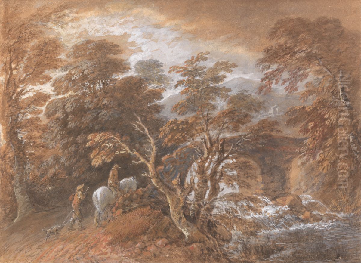Hilly Landscape with Figures Approaching a Bridge Oil Painting by Thomas Gainsborough