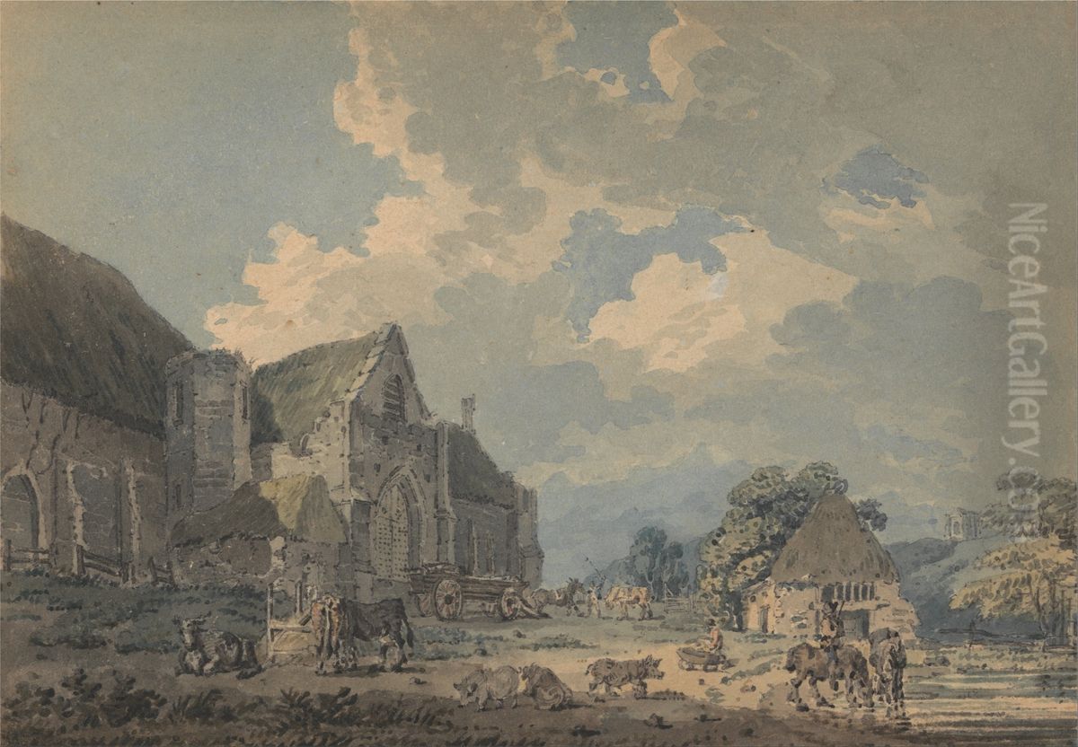 The Tithe Barn at Abbotsbury with the Abbey on the hill... Oil Painting by Thomas Girtin