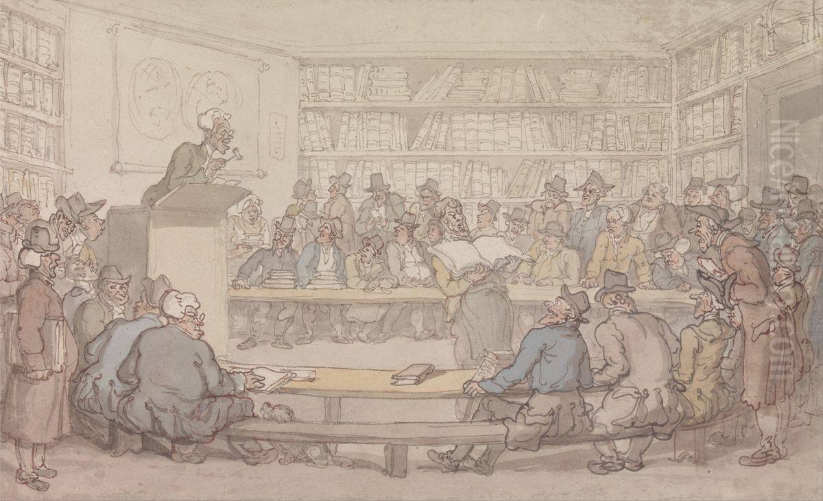 A Book Auction Oil Painting by Thomas Rowlandson