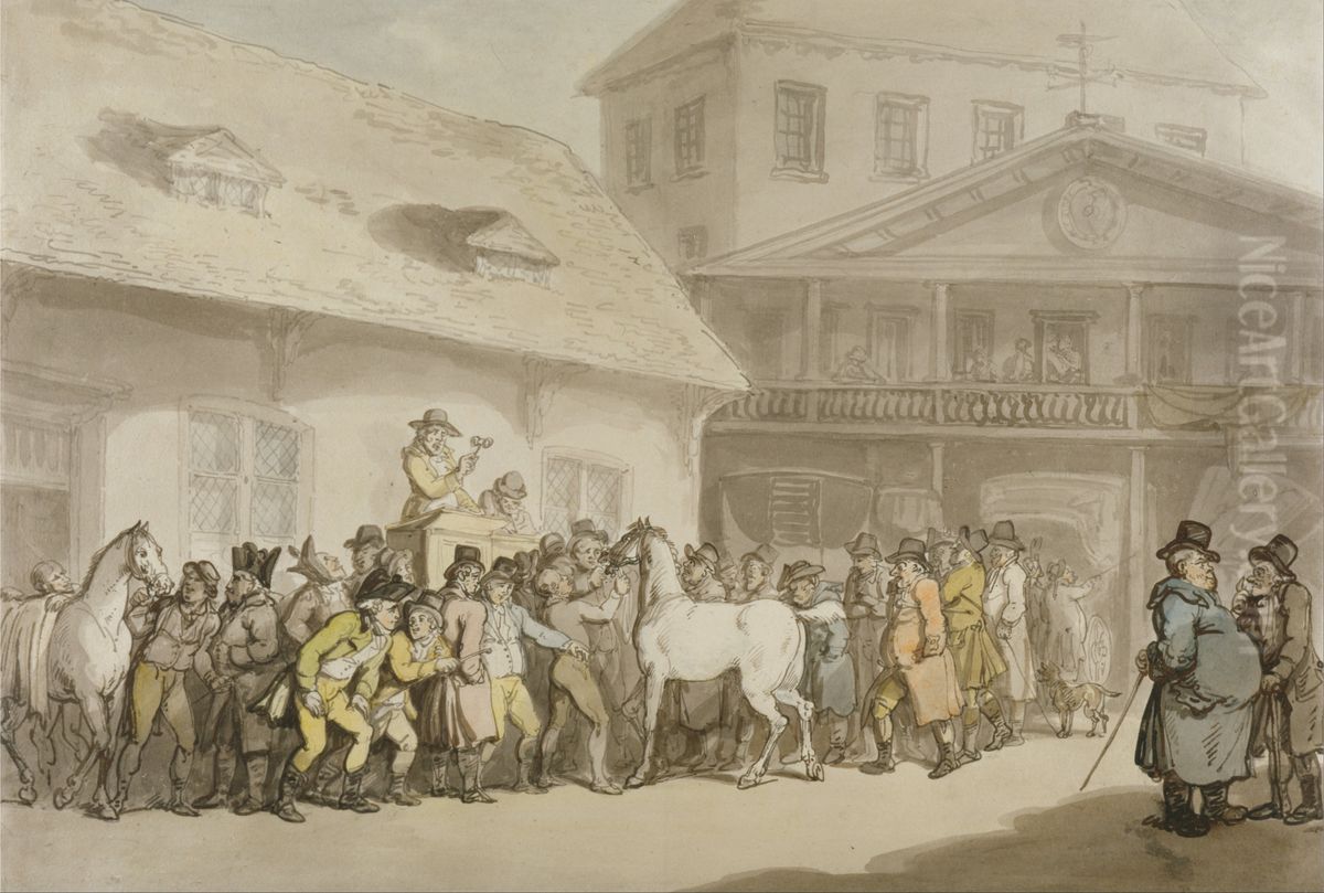 A Horse Sale in Hopkins's Repository, Barbican Oil Painting by Thomas Rowlandson