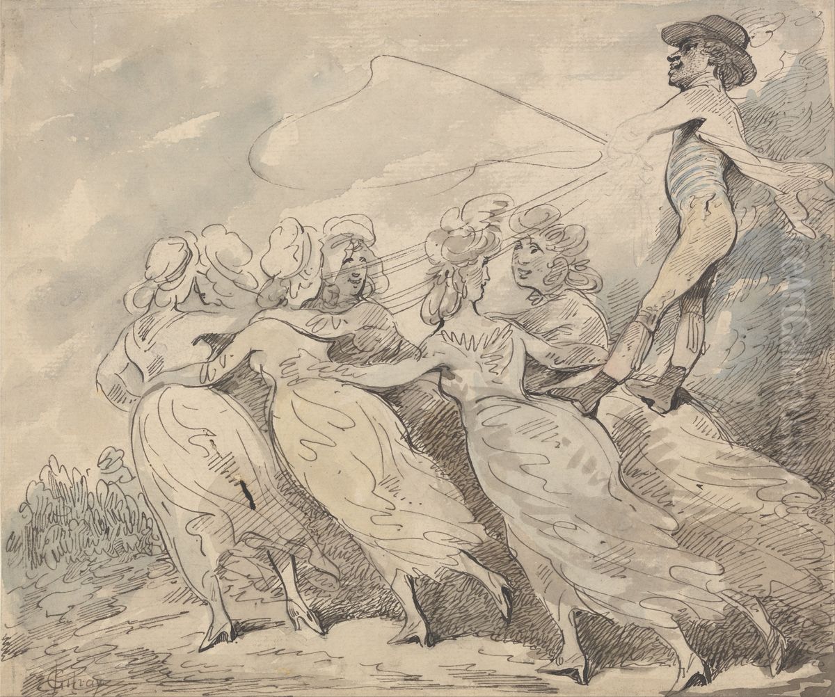 A Man Driving a Team of Six Girls Oil Painting by Thomas Rowlandson