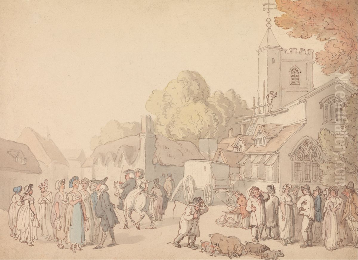 A Village Scene outside a Church Oil Painting by Thomas Rowlandson