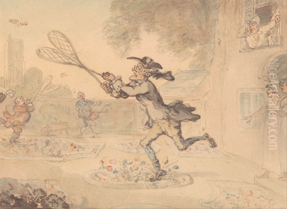 Butterfly Hunting Oil Painting by Thomas Rowlandson