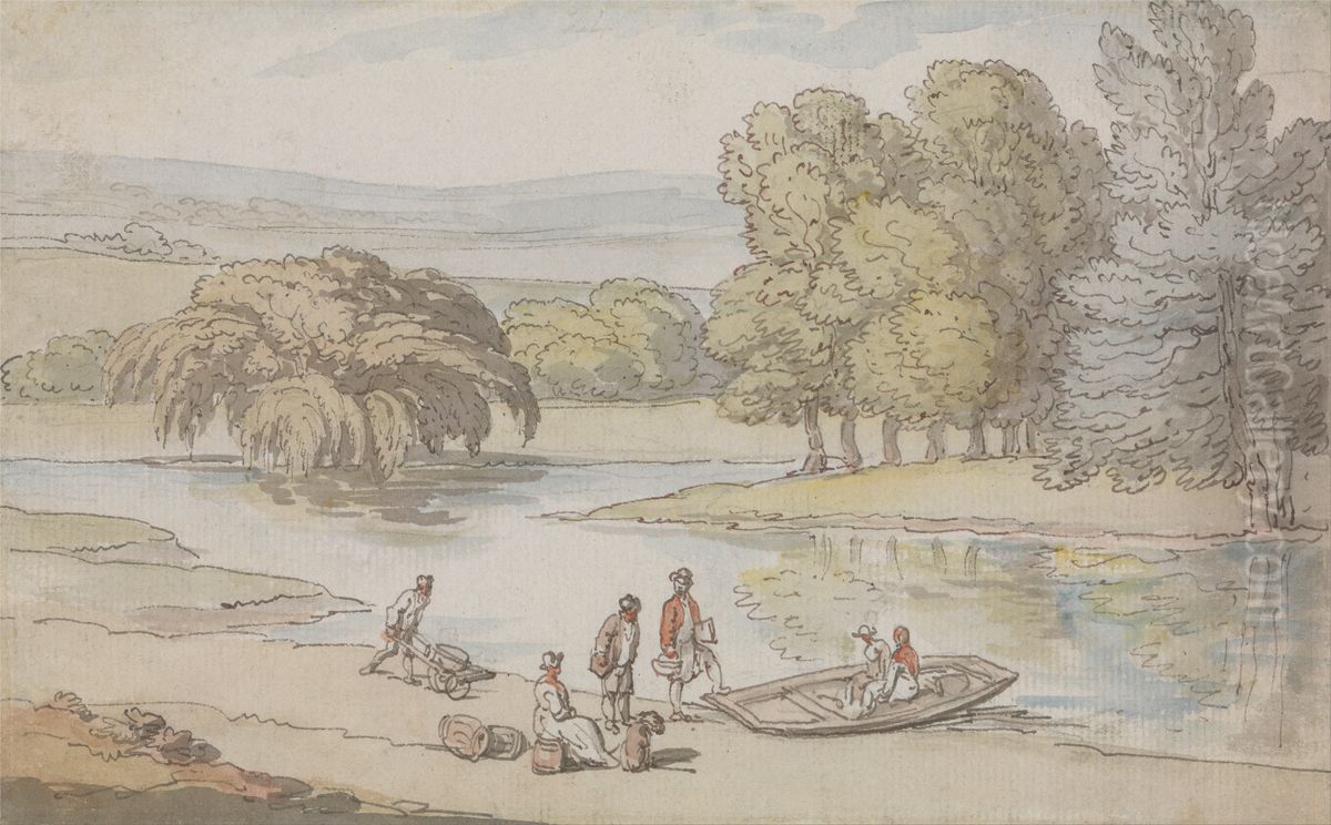 Figures by a Ferry Oil Painting by Thomas Rowlandson
