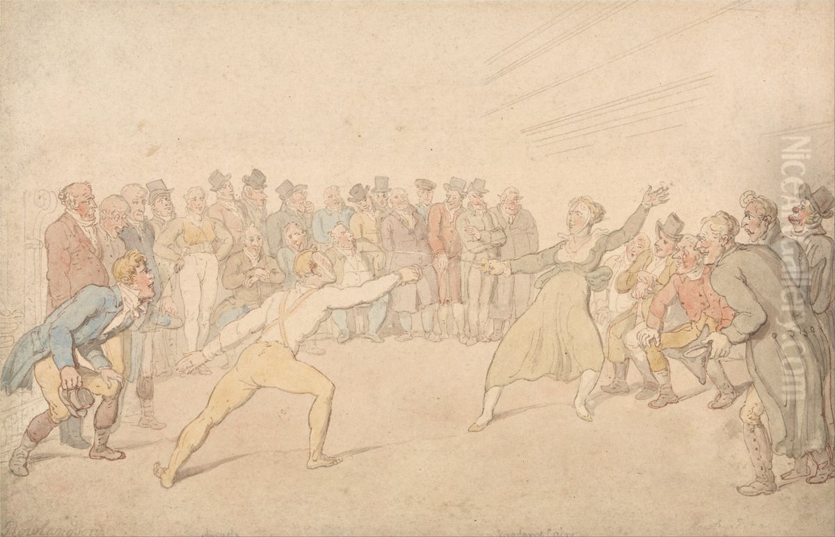 Henry Angelo and Madame Cain Fencing Oil Painting by Thomas Rowlandson